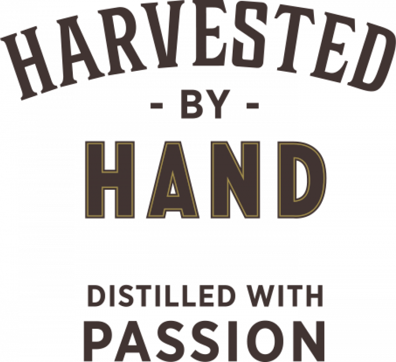 Harvested by hand, distilled with passion text.